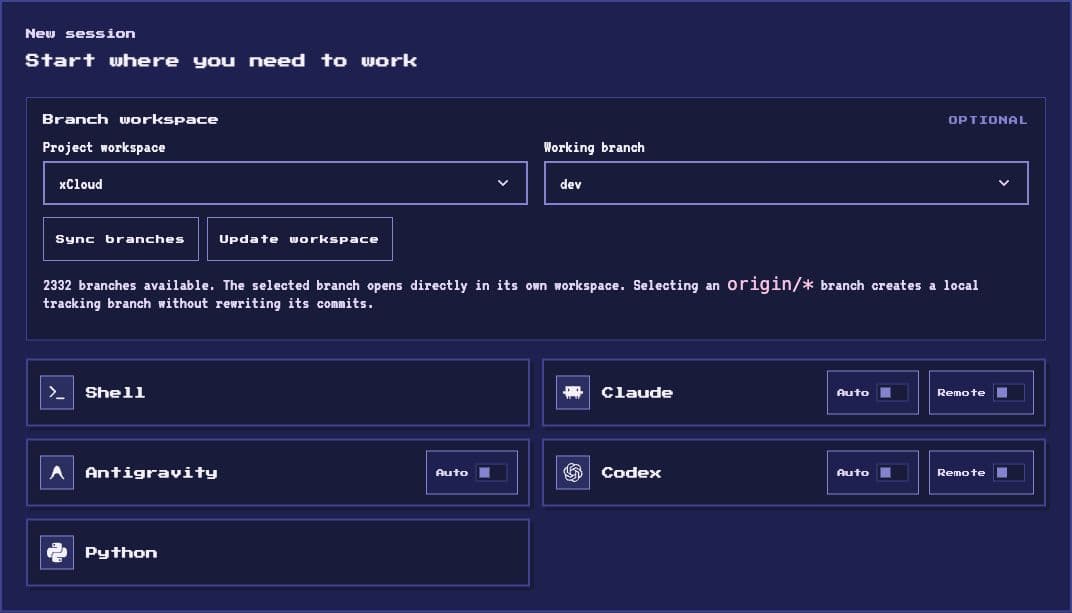 Live TermStream launch controls for Shell, Claude, Antigravity, Codex, and Python