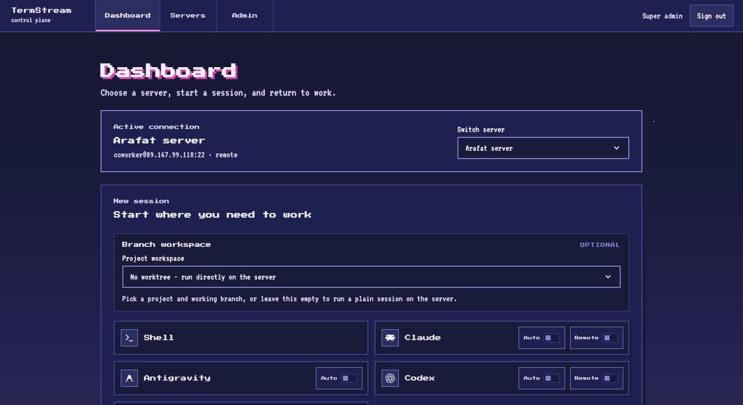 TermStream dashboard showing server selection, workspace controls, and agent launchers