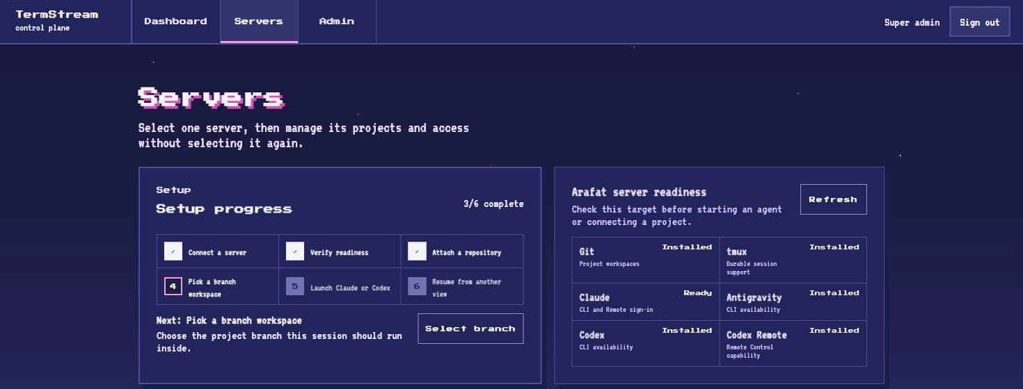 Live TermStream server setup progress and tool readiness checks