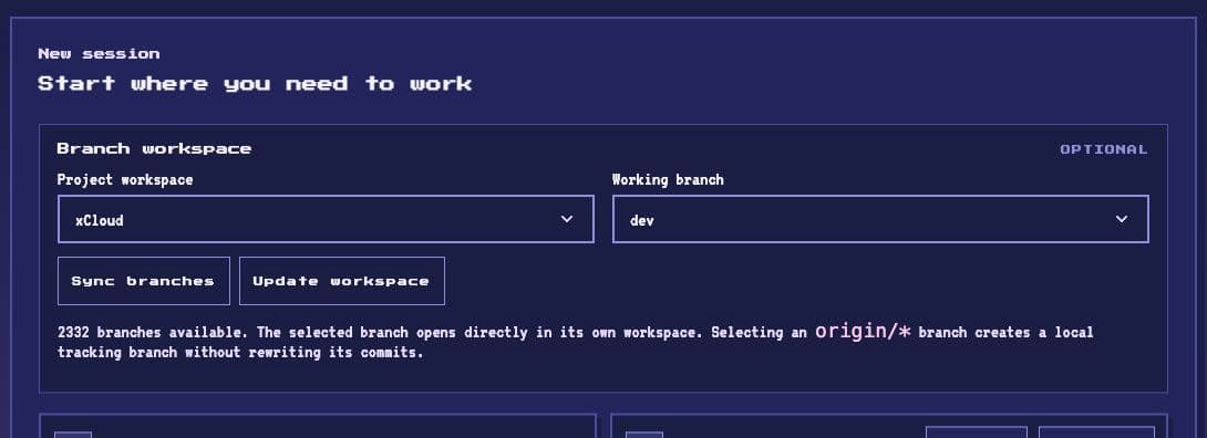 Live TermStream project and working branch selection controls